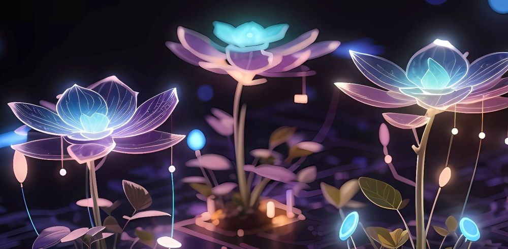 Illustration of glowing lotus flowers in blue, pink, and purple tones within a dark futuristic setting, surrounded by suspended luminous elements and digital-inspired lighting.